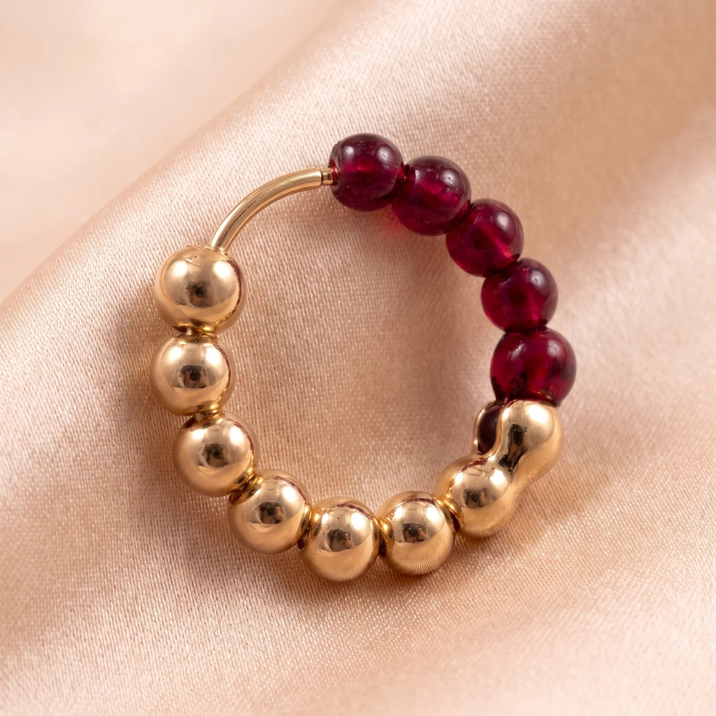 Close-up detail of Ruby Luxe Beaded Hoops