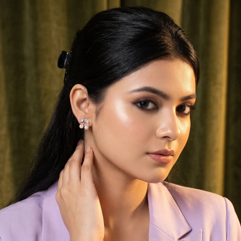 Model wearing Cherry Pearl Studs