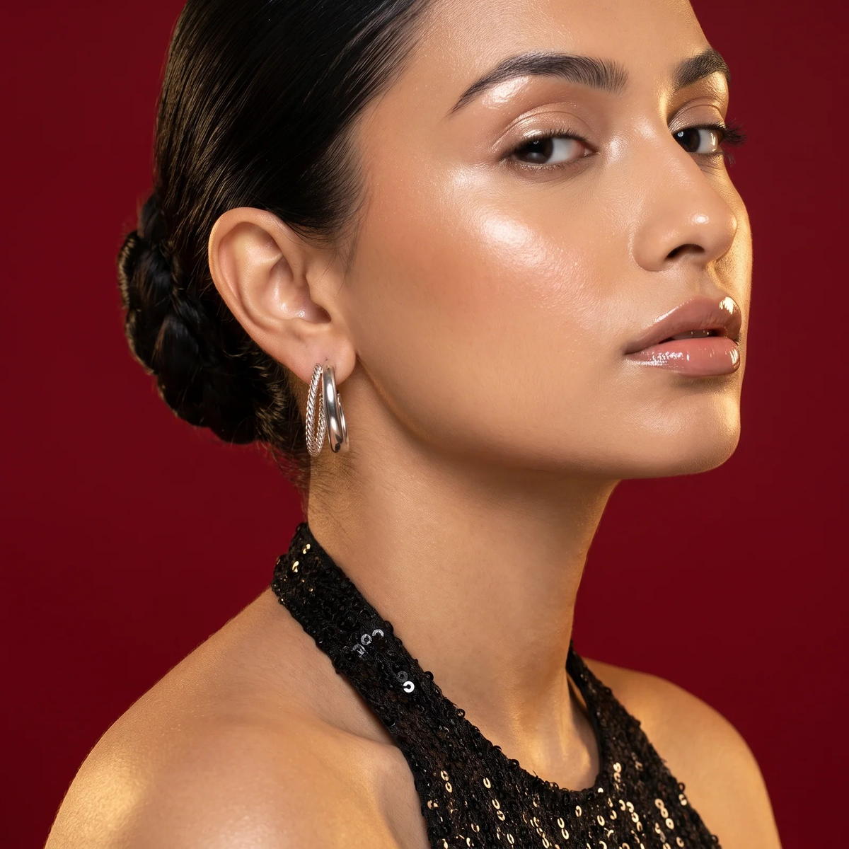 Side profile on ear: Rope Trim Hoop Earrings