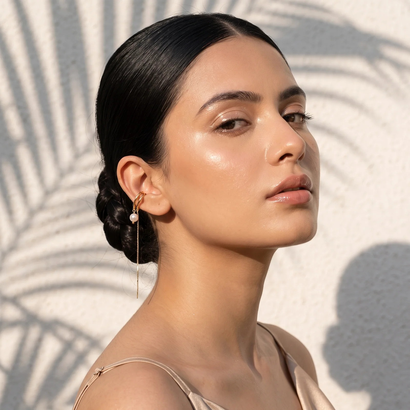 Side profile on ear: Gold Pearl Chain Ear Cuff