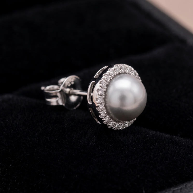 Close-up detail of Grey Pearl Halo Studs