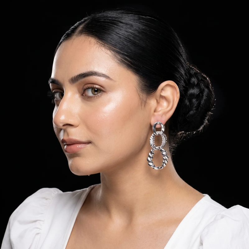 Side profile on ear: Mixed Texture Link Drop Earrings