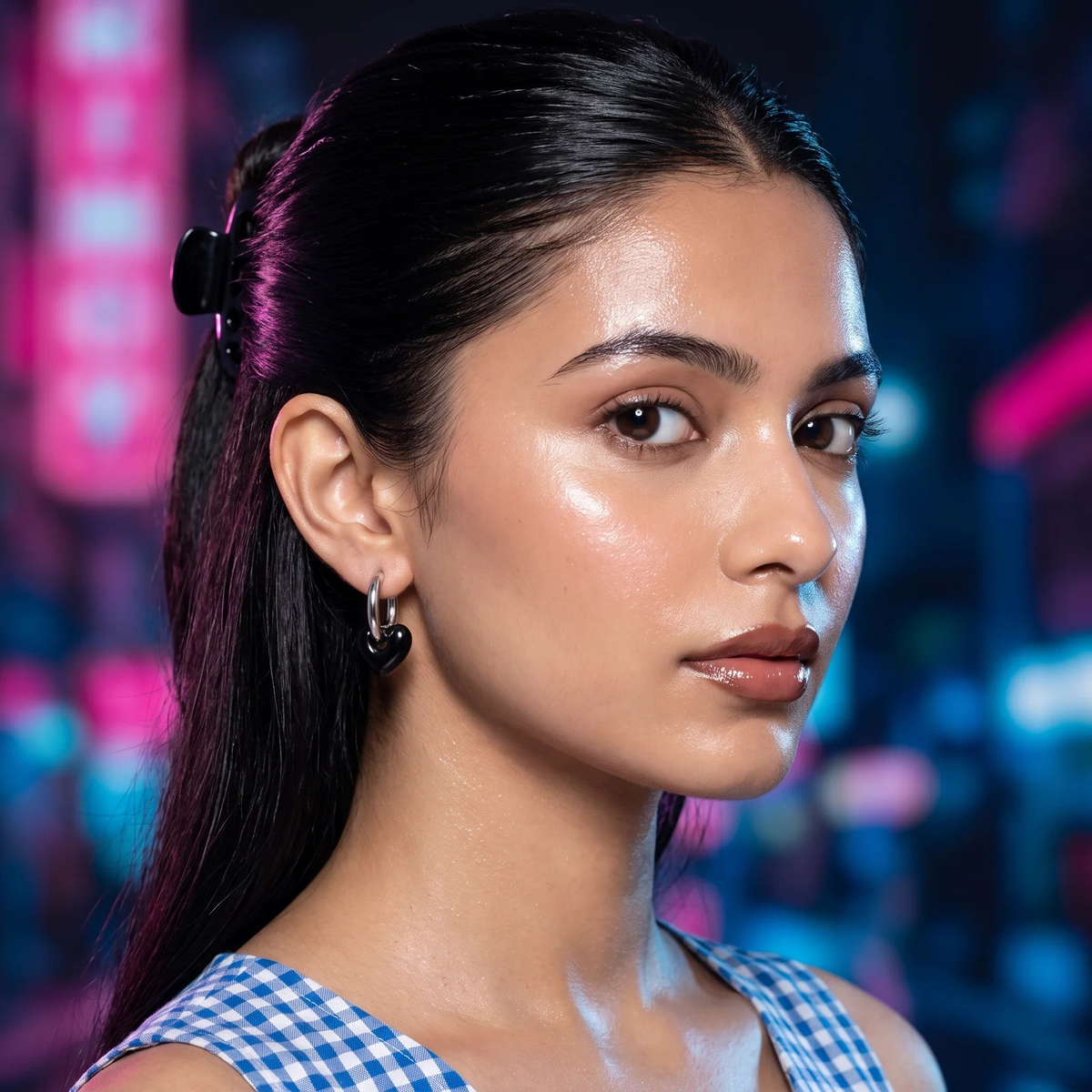 Side profile on ear: Heart Charm Hoop Earrings