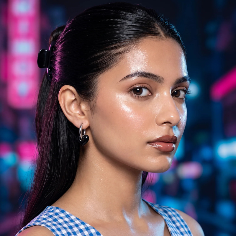 Side profile on ear: Heart Charm Hoop Earrings