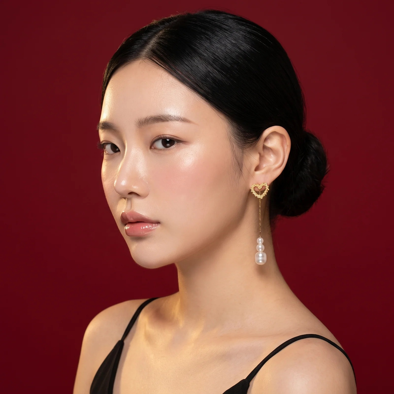 Side profile on ear: Crystal Heart Pearl Drop Earring