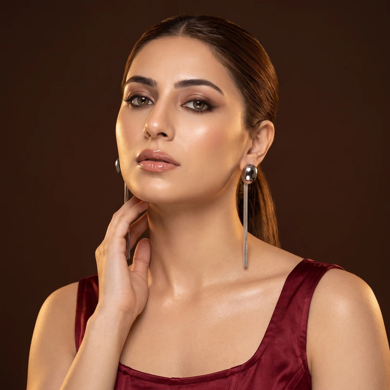 Model wearing Oval Dome Fringe Drop Earrings