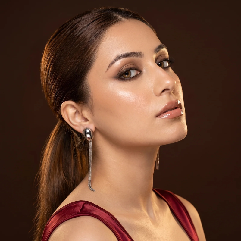 Side profile on ear: Oval Dome Fringe Drop Earrings