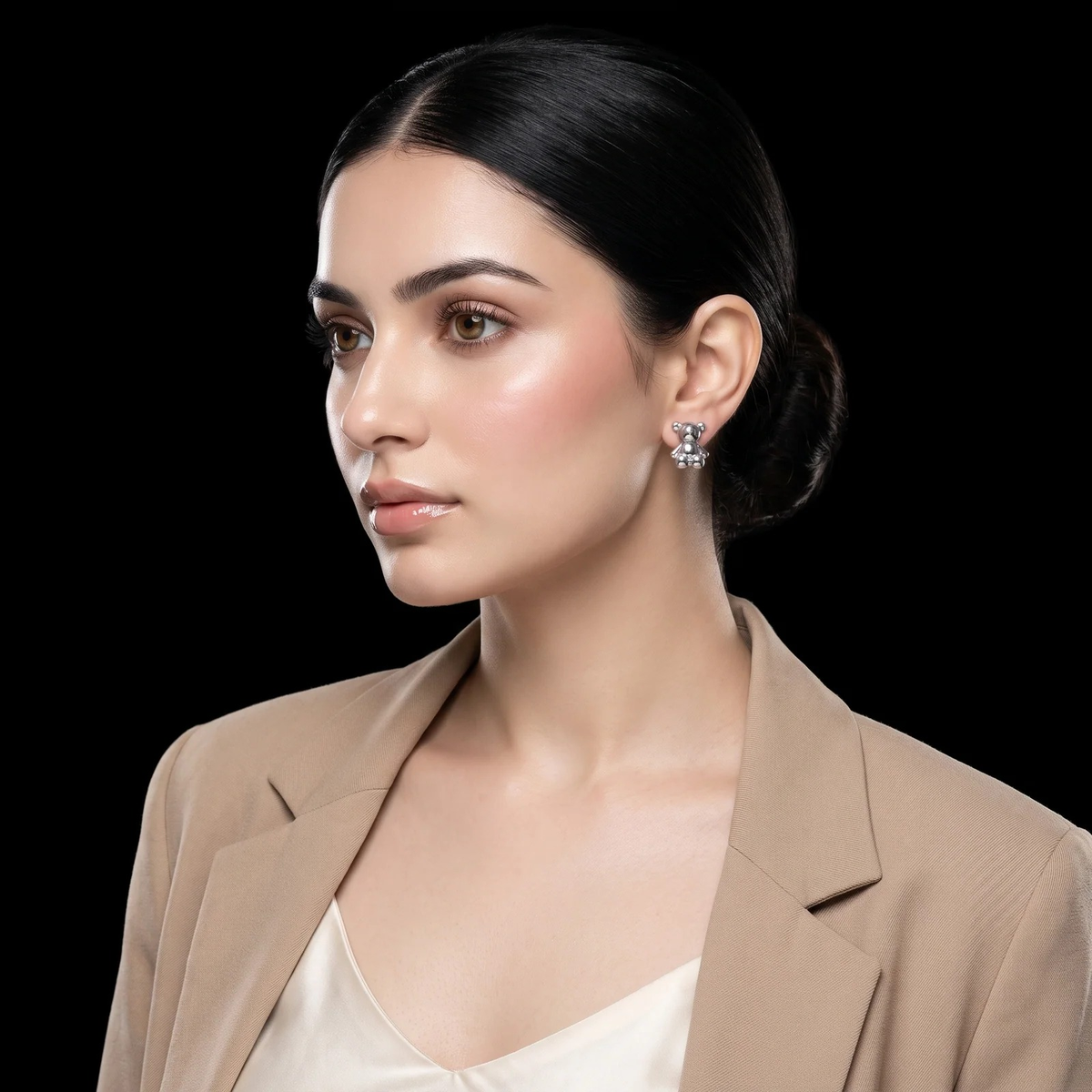 Side profile on ear: Teddy Bear Stud Earrings