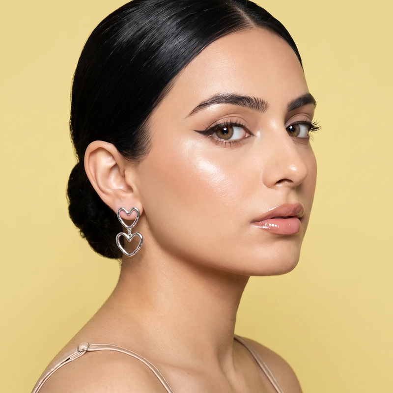 Side profile on ear: Double Heart Outline Drop Earrings