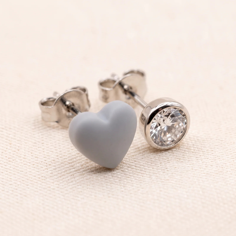 Close-up detail of Heart & Crystal Mismatched Stud Set