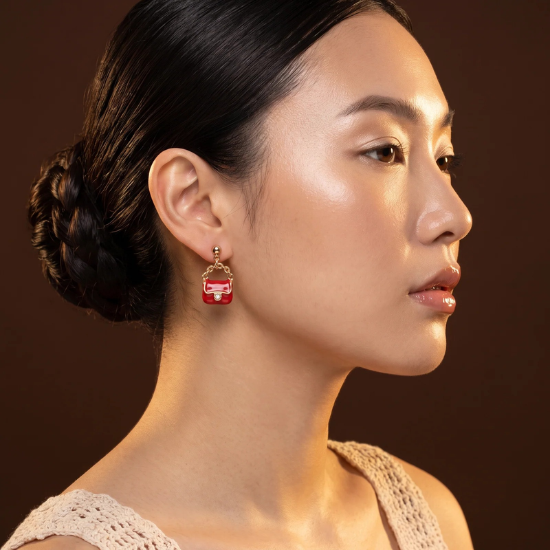 Side profile on ear: Mini Handbag Charm Earrings