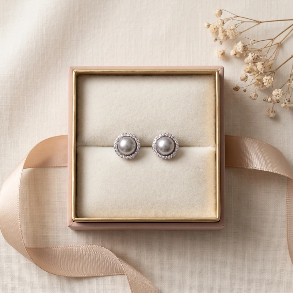 Gift box: Grey Pearl Halo Studs