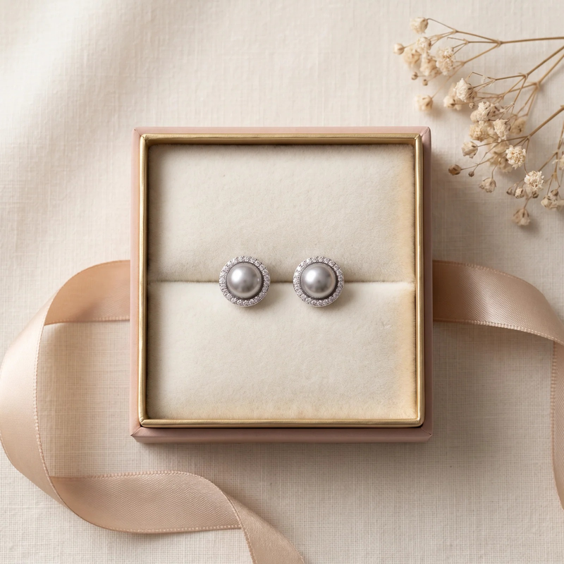 Gift box: Grey Pearl Halo Studs