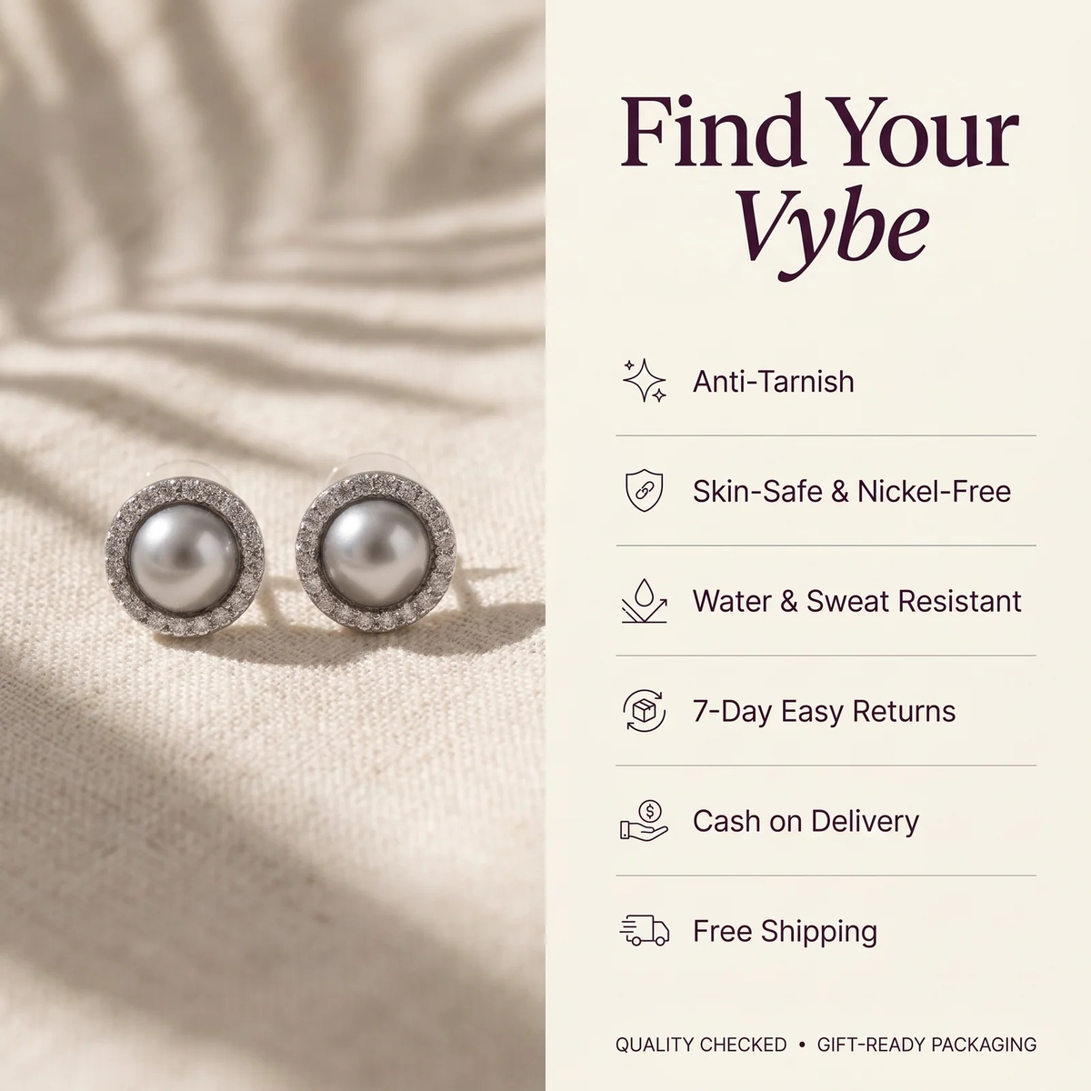 Features and promises: Grey Pearl Halo Studs