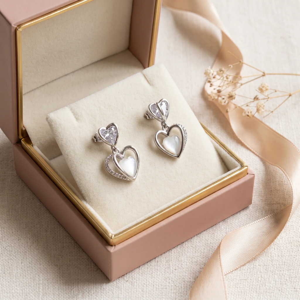 Gift box: Double Heart Crystal Drop Earrings
