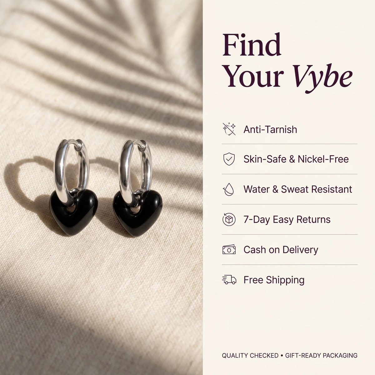 Features and promises: Heart Charm Hoop Earrings