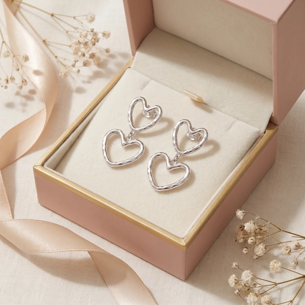 Gift box: Double Heart Outline Drop Earrings