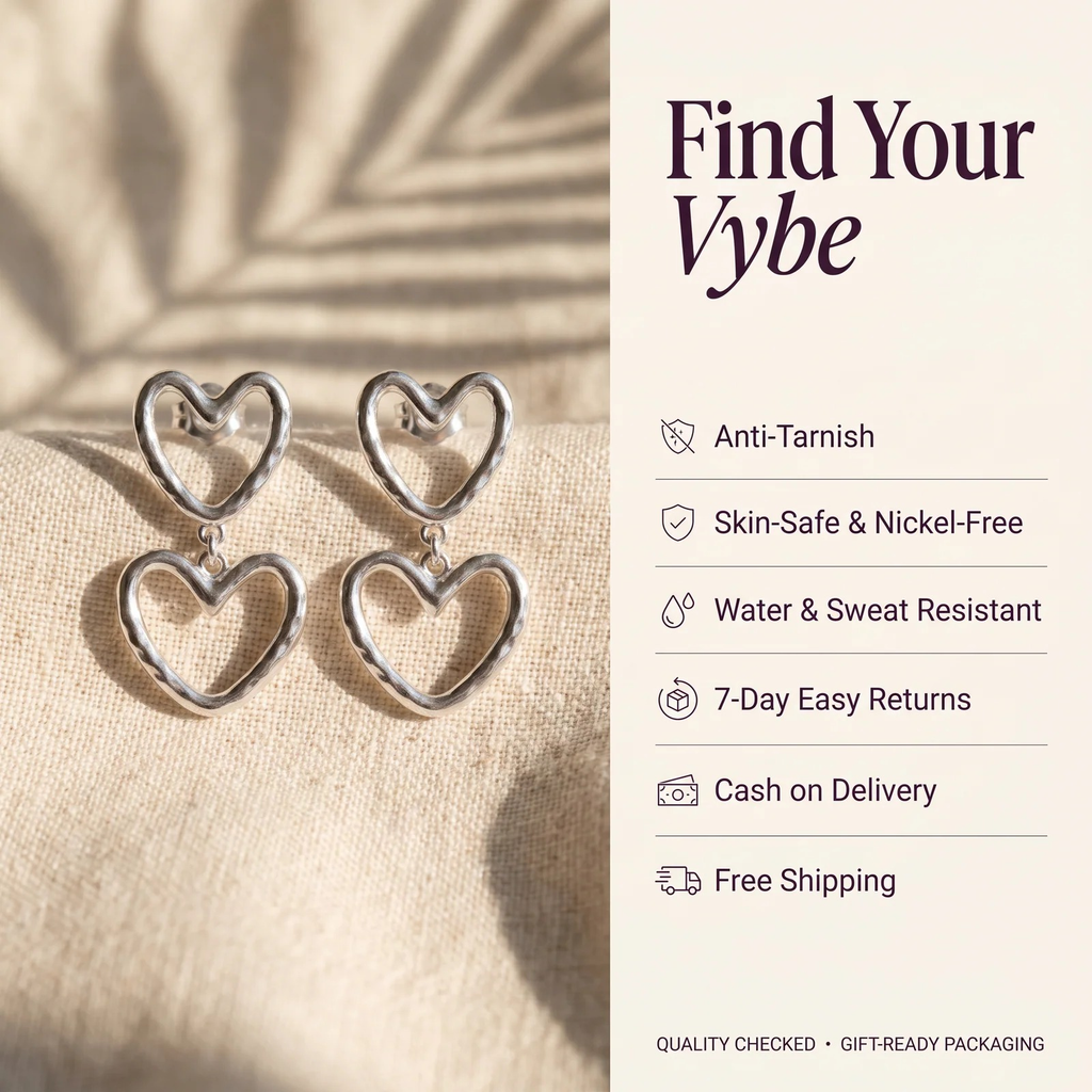 Features and promises: Double Heart Outline Drop Earrings