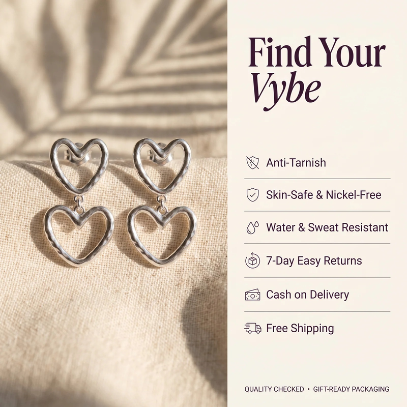 Features and promises: Double Heart Outline Drop Earrings