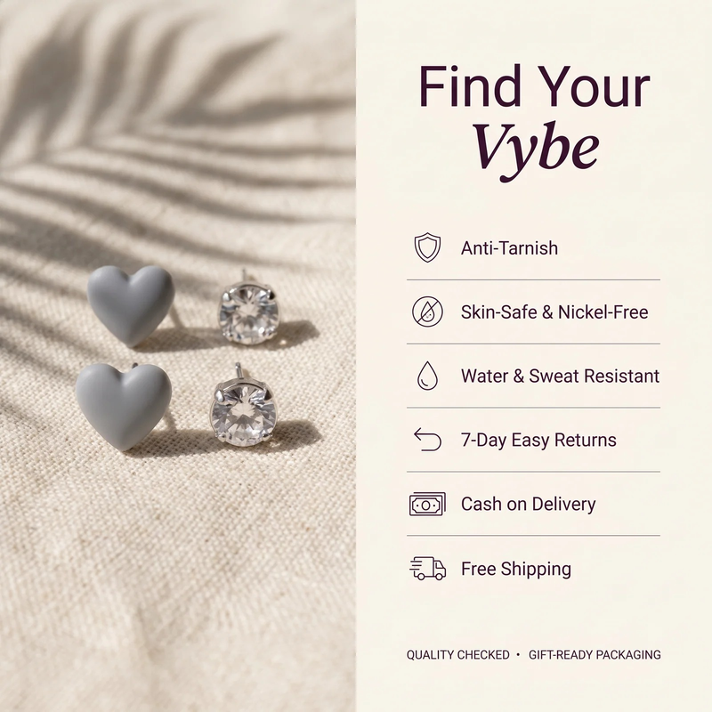 Features and promises: Heart & Crystal Mismatched Stud Set