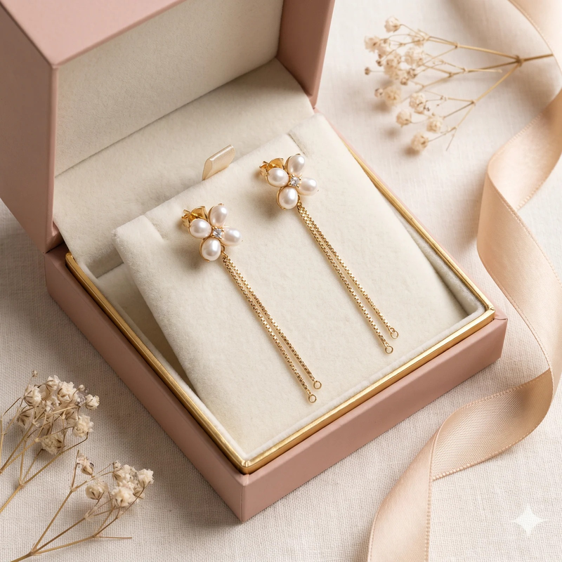Gift box: Pearl Clover Chain Drop Earrings