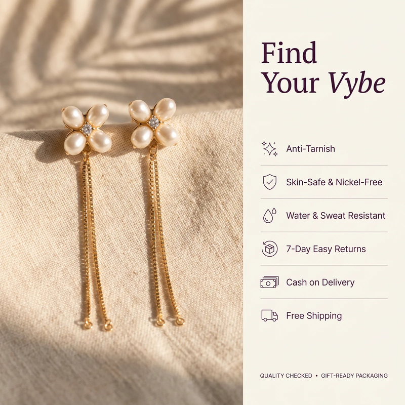Features and promises: Pearl Clover Chain Drop Earrings