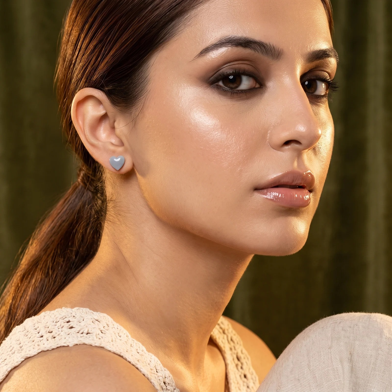 Side profile on ear: Heart & Crystal Mismatched Stud Set