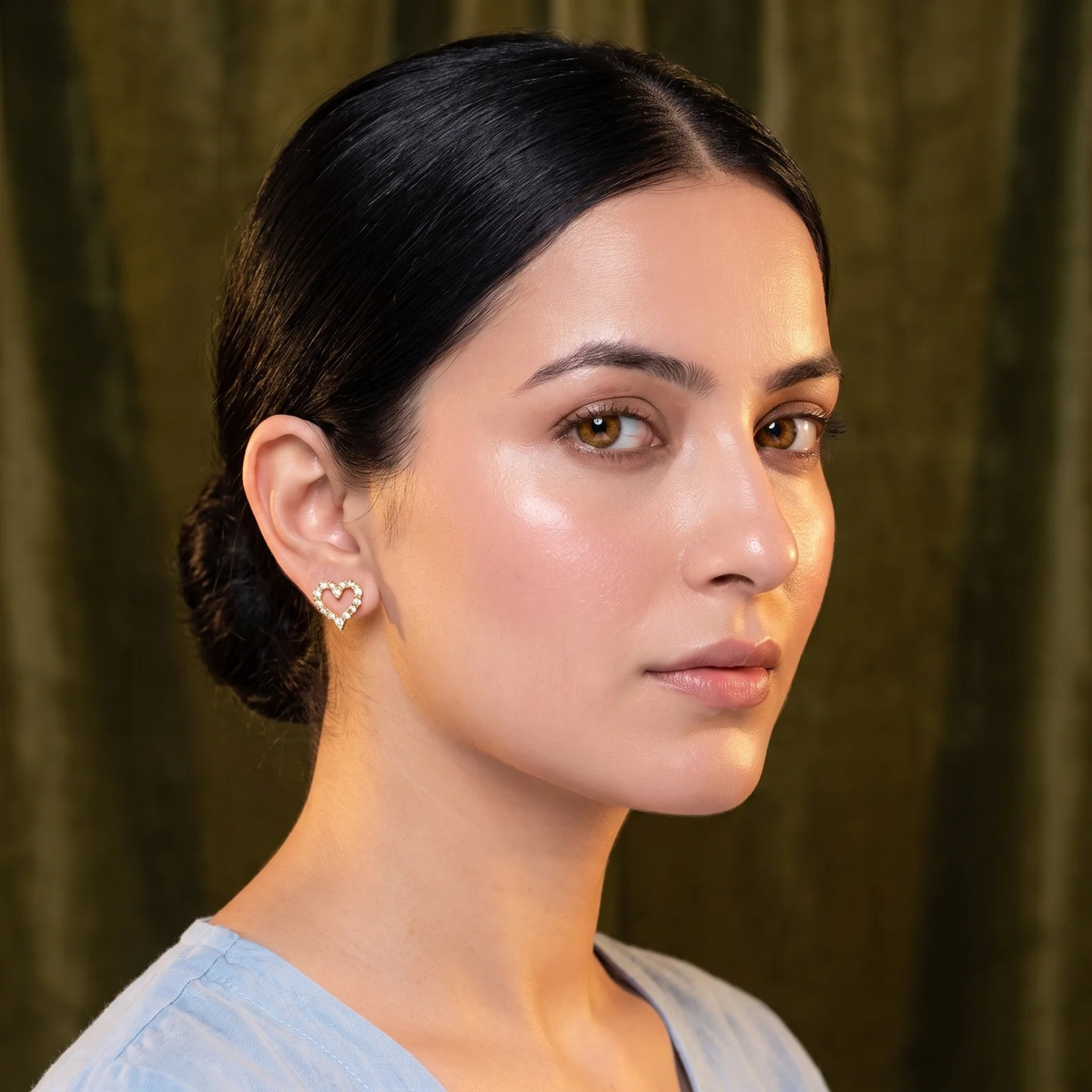 Side profile on ear: Gold Heart Crystal Stud Earrings