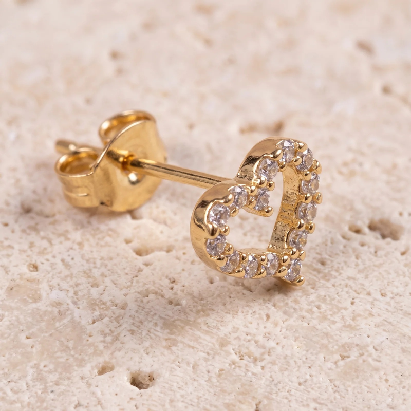 Close-up detail of Gold Heart Crystal Stud Earrings