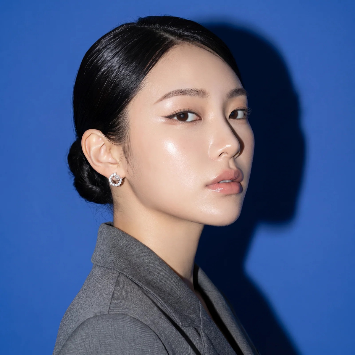 Side profile on ear: Crystal Crescent with Pearl Stud Earrings