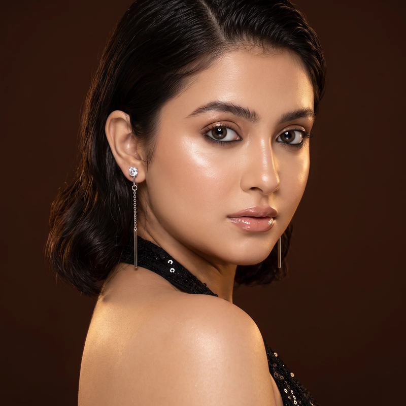 Model wearing Silver Square Crystal Linear Drop Earrings