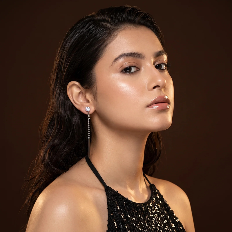 Side profile on ear: Silver Square Crystal Linear Drop Earrings
