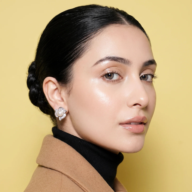 Model wearing Pearl & Crystal Flower Stud Earrings