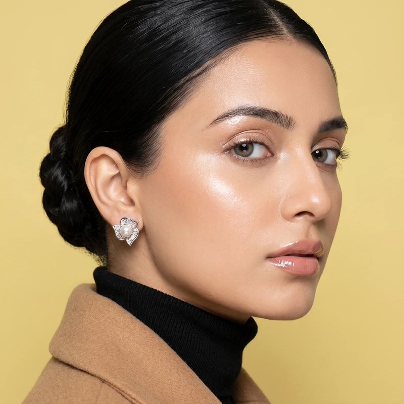 Side profile on ear: Pearl & Crystal Flower Stud Earrings