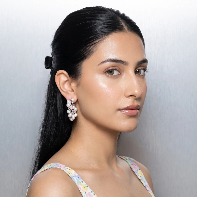 Side profile on ear: Pearl Cluster Wave Hoop Earrings