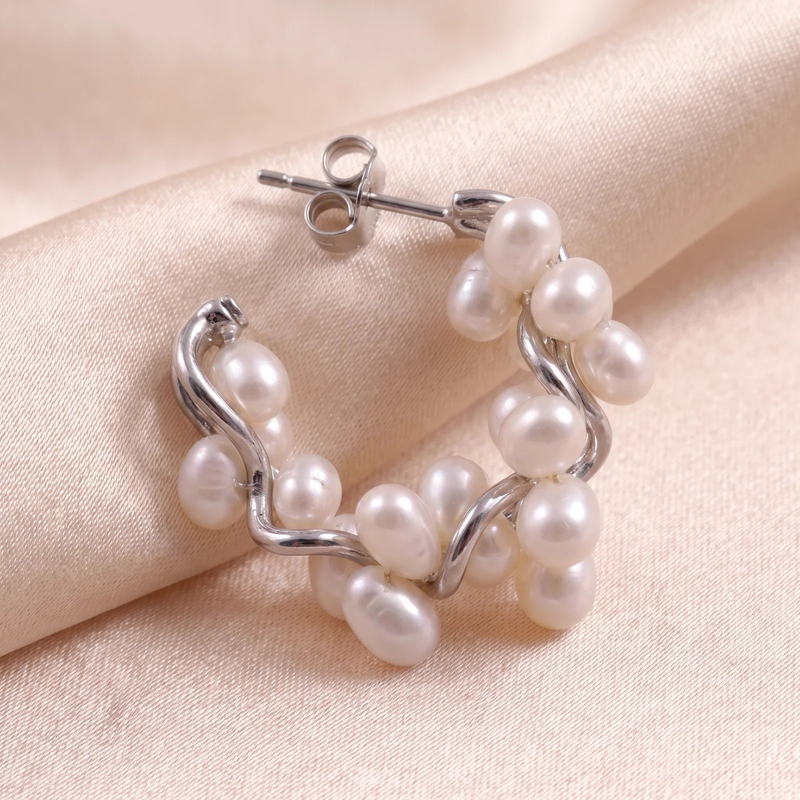 Close-up detail of Pearl Cluster Wave Hoop Earrings