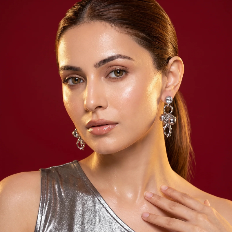 Model wearing Crystal Cherry Branch Drop Earrings