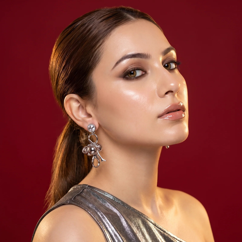 Side profile on ear: Crystal Cherry Branch Drop Earrings