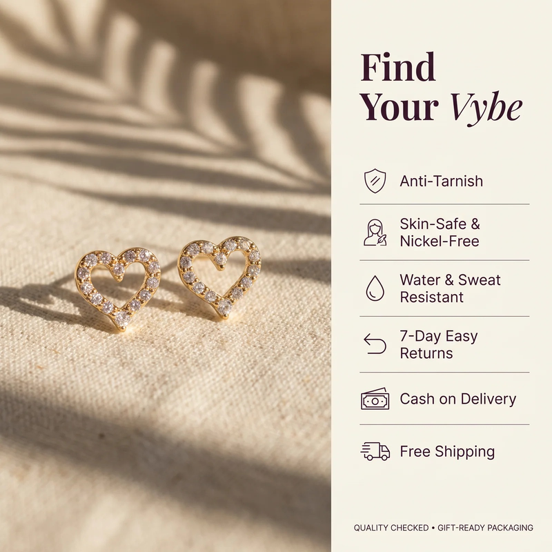 Features and promises: Gold Heart Crystal Stud Earrings