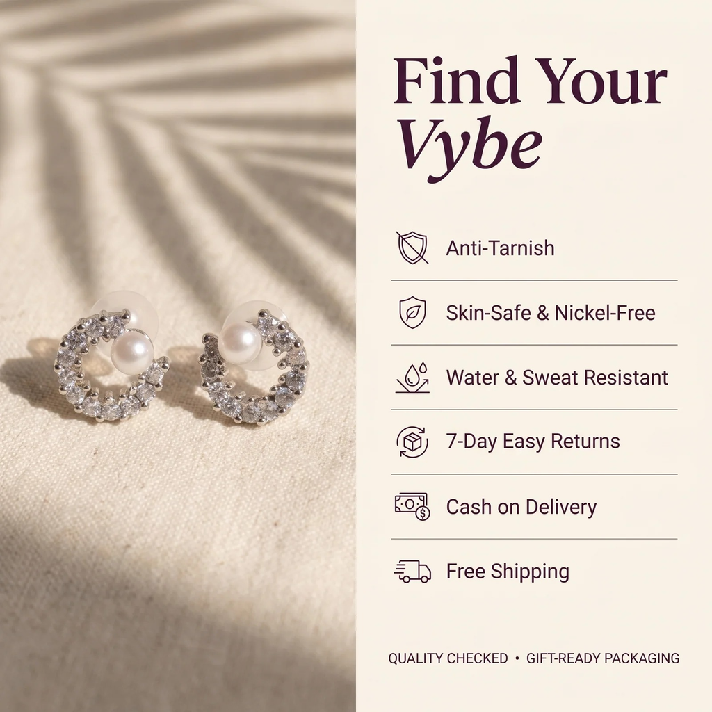 Features and promises: Crystal Crescent with Pearl Stud Earrings