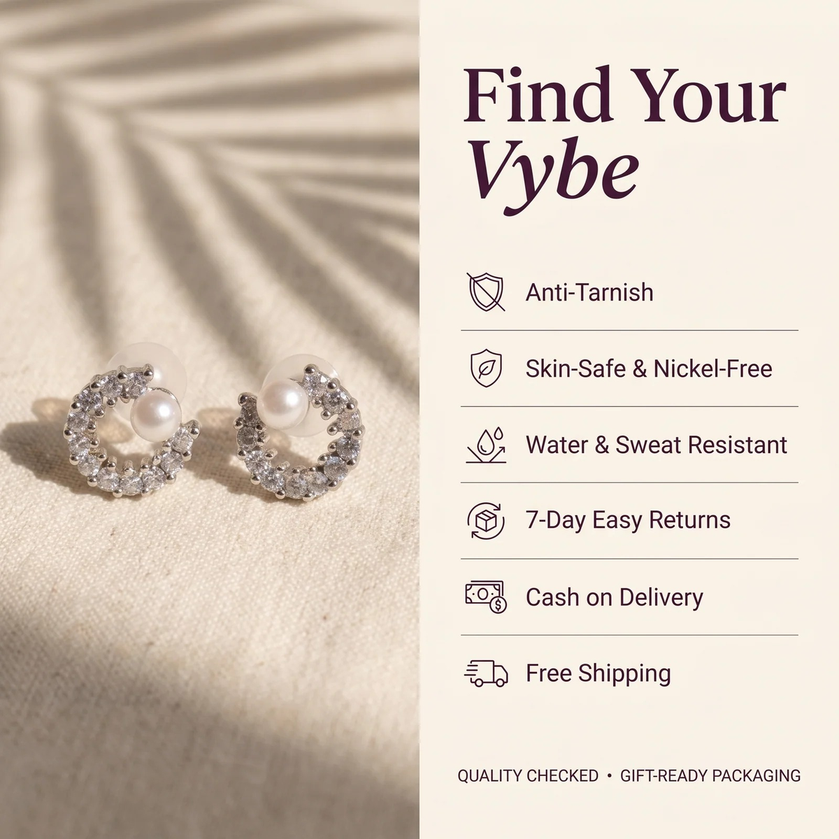 Features and promises: Crystal Crescent with Pearl Stud Earrings