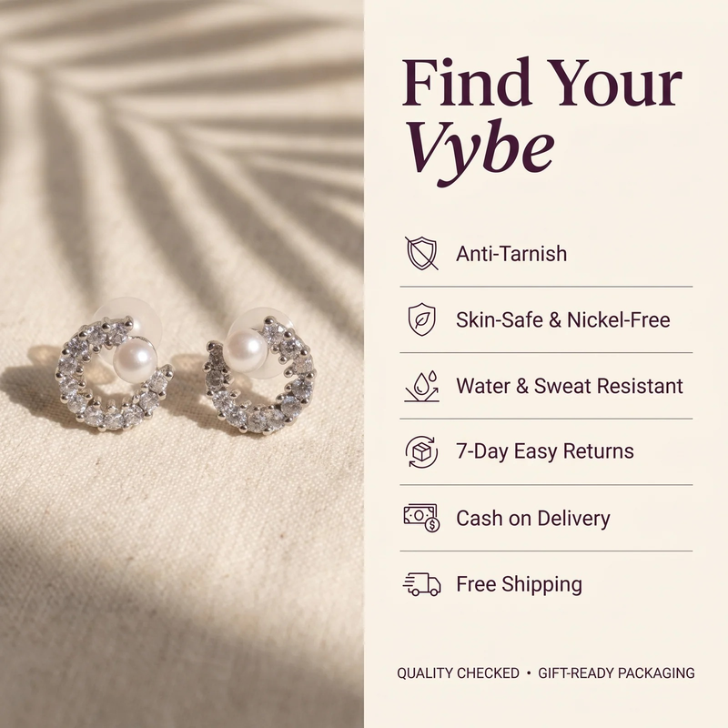 Features and promises: Crystal Crescent with Pearl Stud Earrings