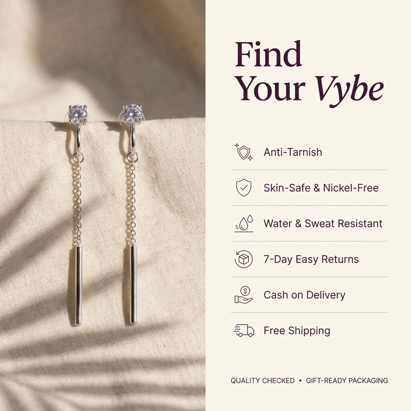 Features and promises: Silver Square Crystal Linear Drop Earrings