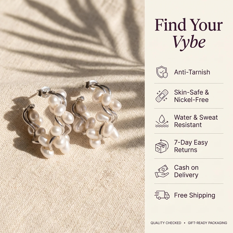 Features and promises: Pearl Cluster Wave Hoop Earrings