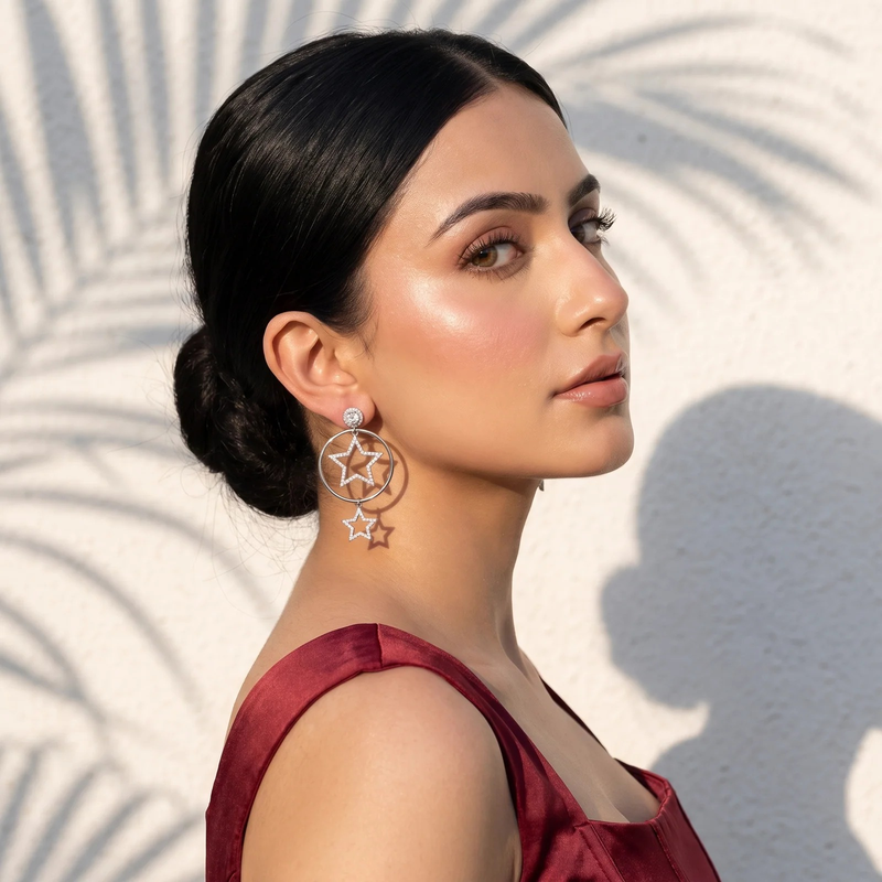 Side profile on ear: Silver Celestial Star Hoop Drop Earring