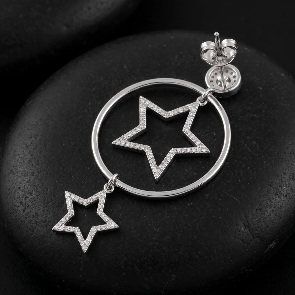 Close-up detail of Silver Celestial Star Hoop Drop Earring