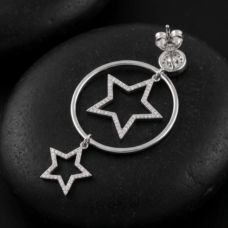 Close-up detail of Silver Celestial Star Hoop Drop Earring