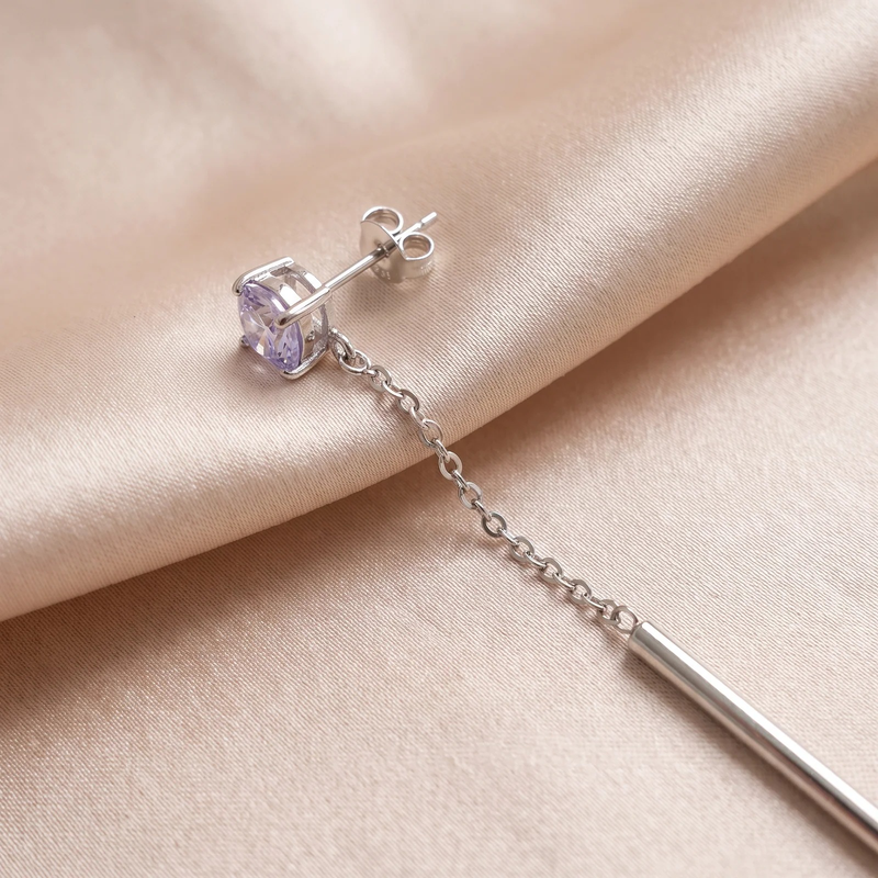 Close-up detail of Silver Square Crystal Linear Drop Earrings
