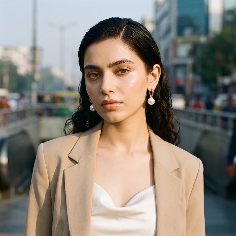 Styled look: Gold Pearl Huggie Hoop Earrings