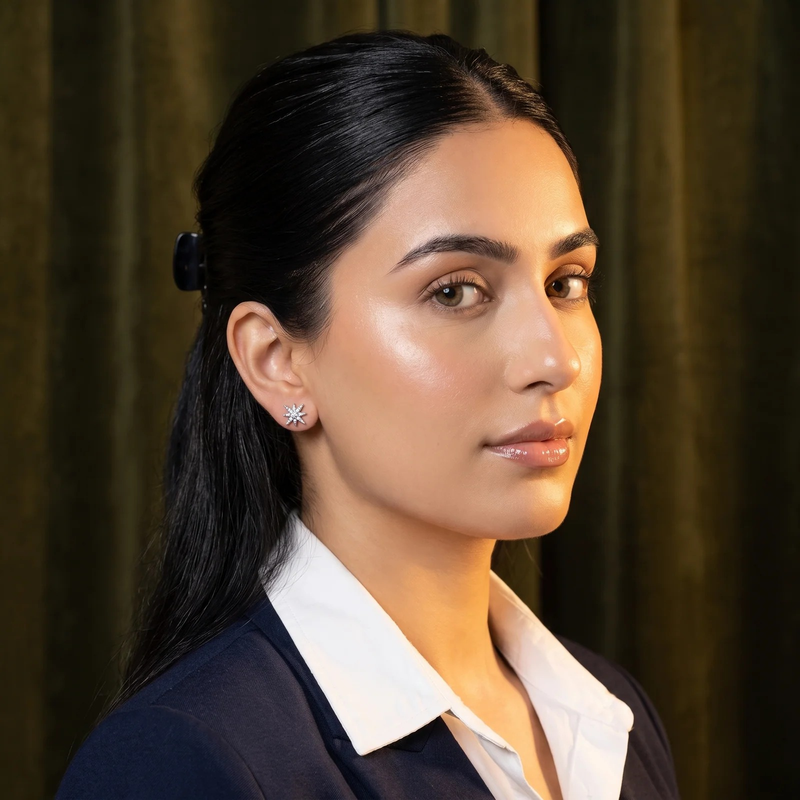 Side profile on ear: Crystal Northstar Stud Earrings